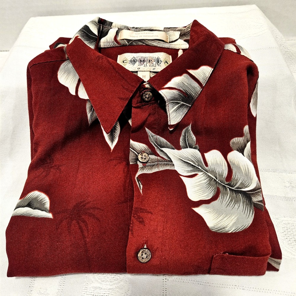 Campia Moda Men's M Hawaiian Shirt Burgundy w/ Gray Leaves 100% Rayon
